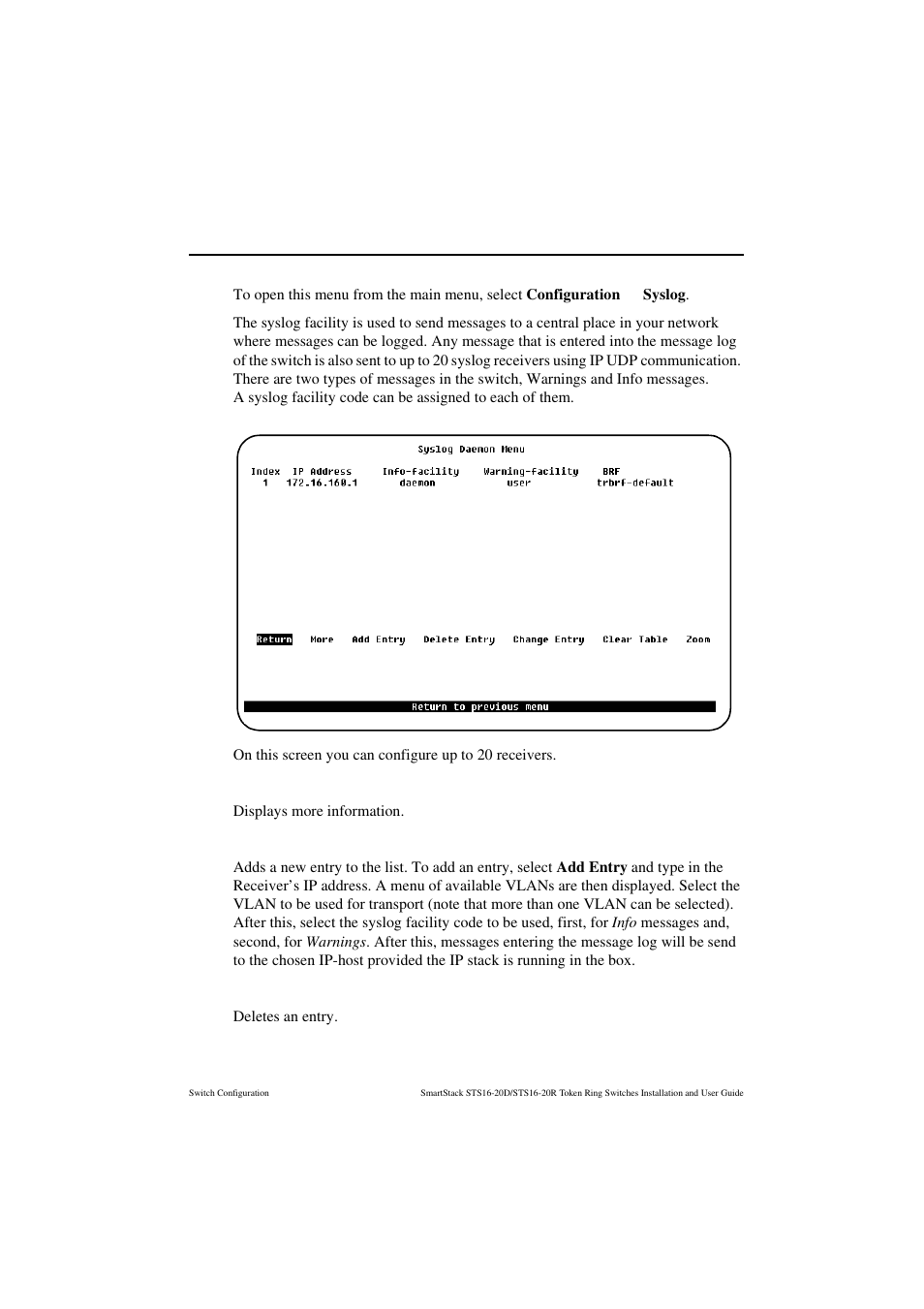 Syslog daemon screen, More, Add entry | Delete entry | Cabletron Systems STS16-20R User Manual | Page 153 / 258
