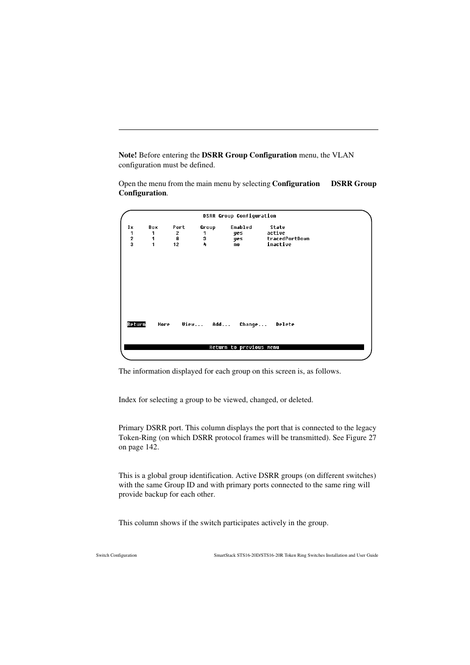 Dsrr group configuration screen, Box, port, Group | Enabled | Cabletron Systems STS16-20R User Manual | Page 157 / 258