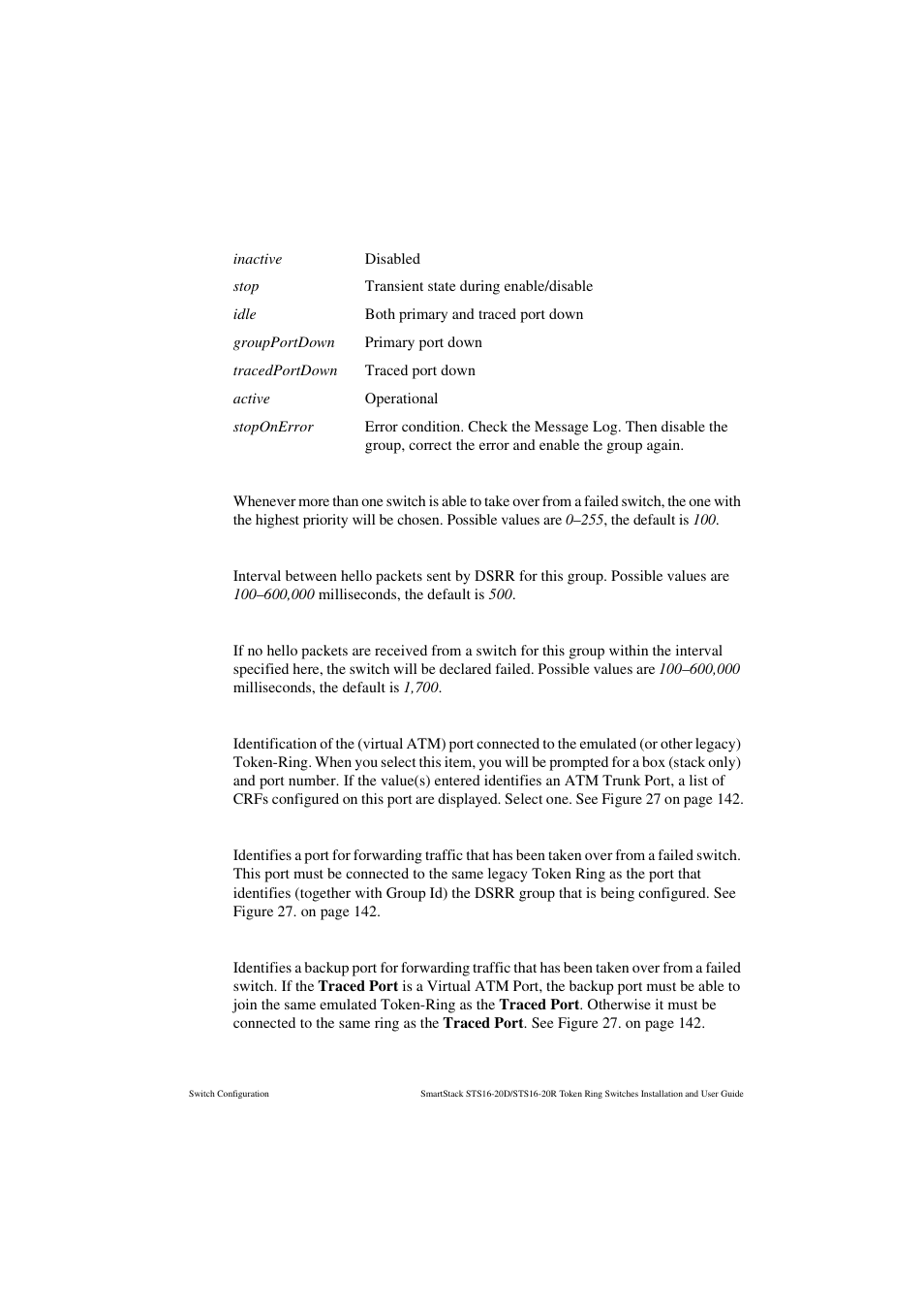 Group priority, Hello time, Hold time | Traced port, Backup for primary port, Backup for traced port | Cabletron Systems STS16-20R User Manual | Page 159 / 258
