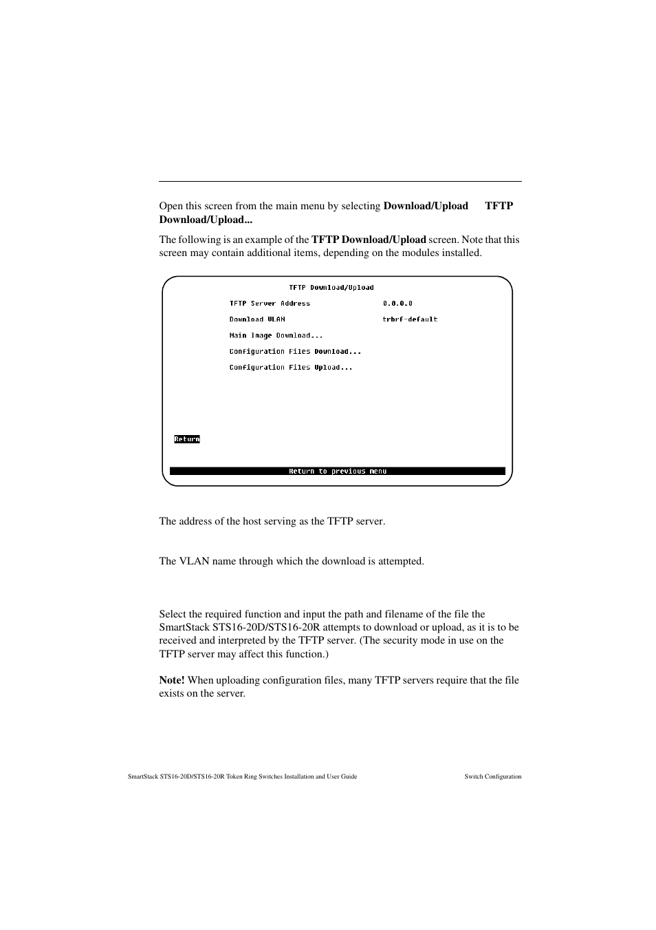 Tftp download/upload screen, Tftp server address, Download vlan | Cabletron Systems STS16-20R User Manual | Page 164 / 258
