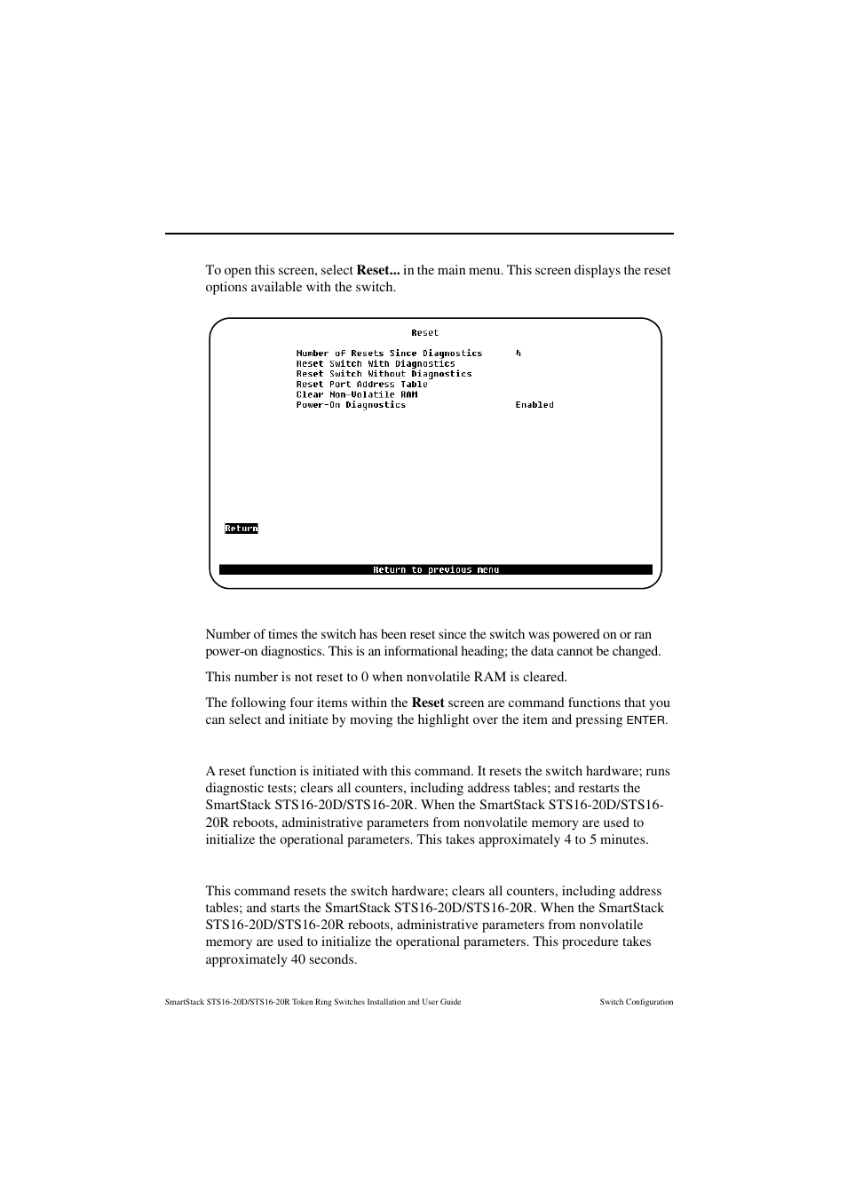 Reset screen, Number of resets since diagnostics, Reset switch with diagnostics | Reset switch without diagnostics | Cabletron Systems STS16-20R User Manual | Page 166 / 258