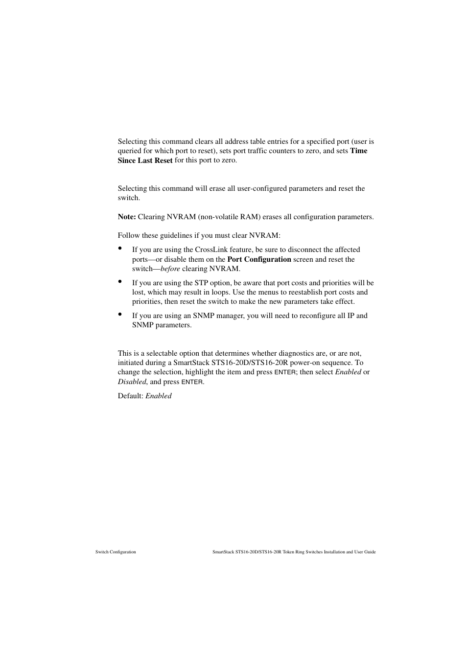 Reset port address table, Clear nonvolatile ram, Power-on diagnostics | Cabletron Systems STS16-20R User Manual | Page 167 / 258