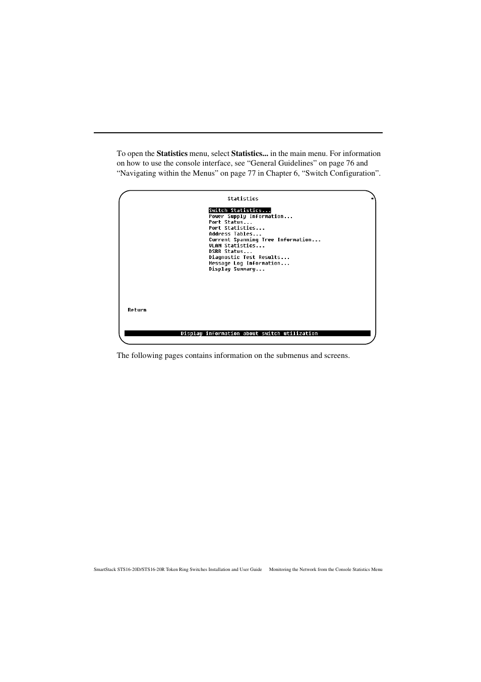 Statistics menu | Cabletron Systems STS16-20R User Manual | Page 170 / 258