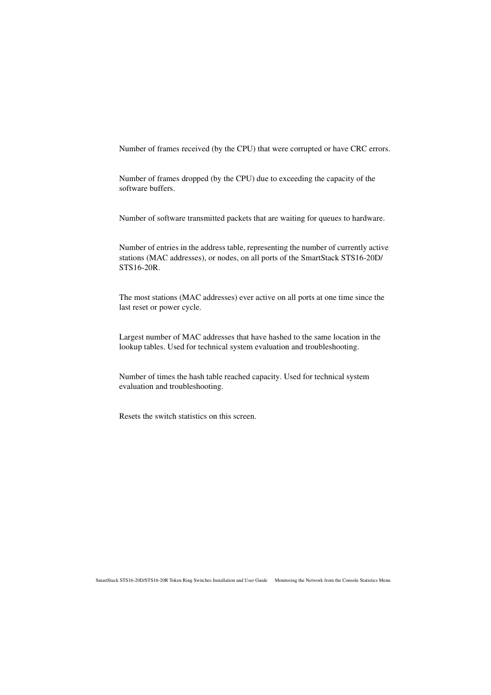 Error frames received, Frames lost, Pending send requests | Currently active stations, Largest number of stations, Maximum address table chain, Address table full, Reset | Cabletron Systems STS16-20R User Manual | Page 172 / 258