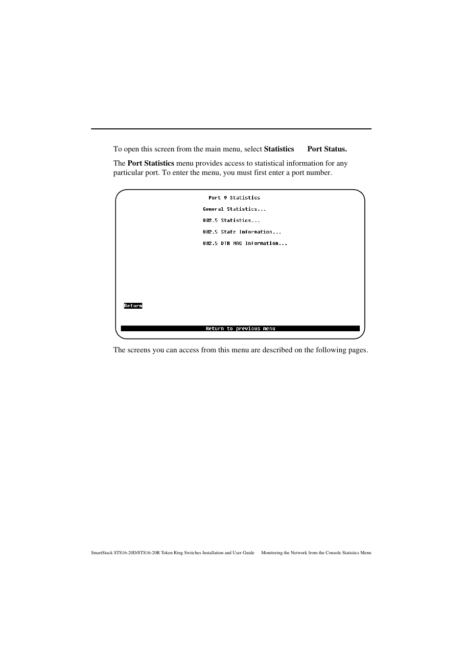 Port statistics menu | Cabletron Systems STS16-20R User Manual | Page 176 / 258