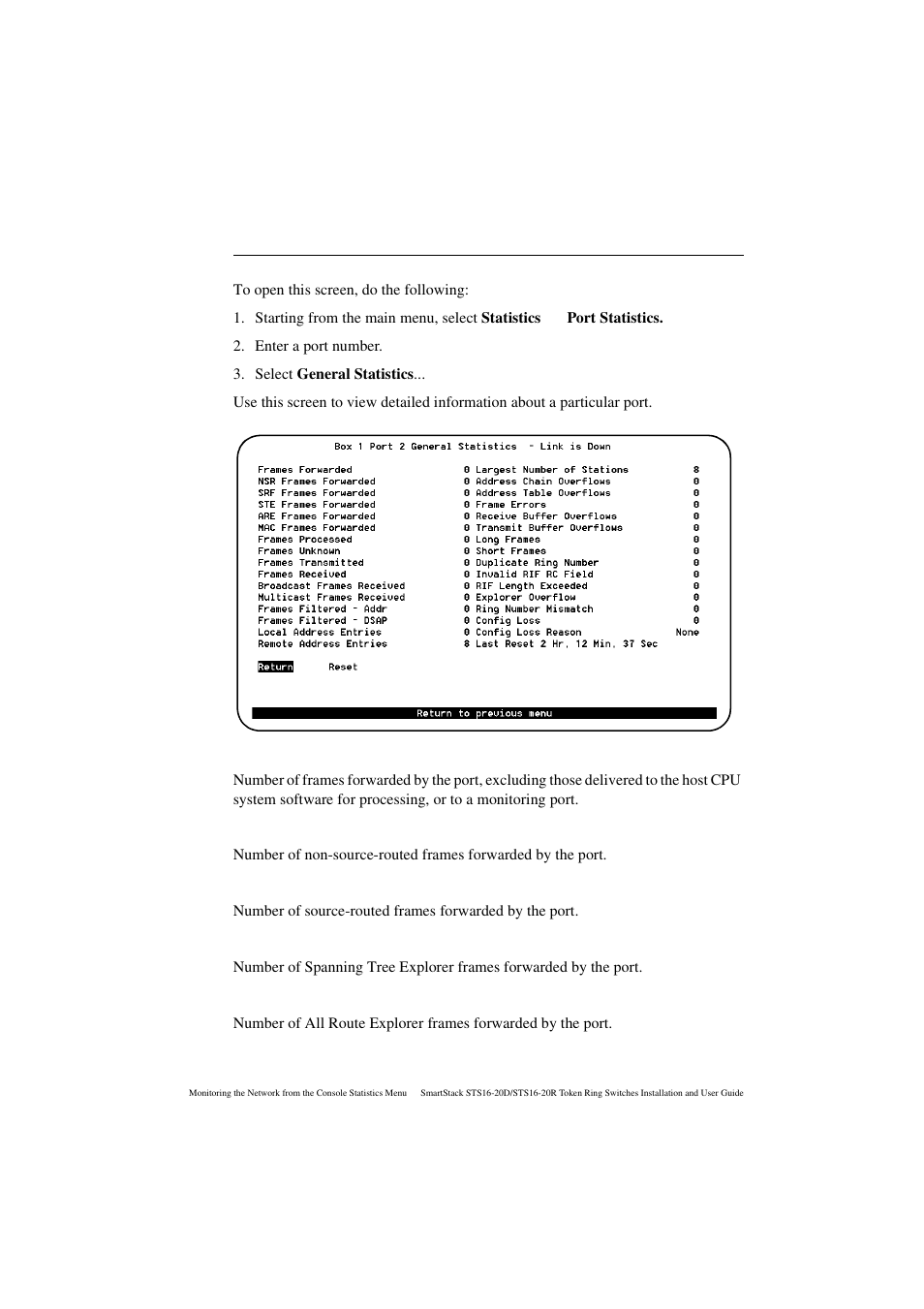 General statistics screen, Frames forwarded, Nsr frames forwarded | Srf frames forwarded, Ste frames forwarded, Are frames forwarded | Cabletron Systems STS16-20R User Manual | Page 177 / 258