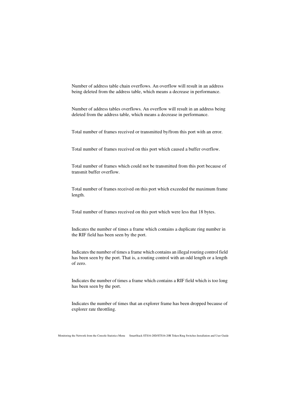 Address chain overflows, Address table overflows, Frame errors | Receive buffer overflows, Transmit buffer overflows, Long frames, Short frames, Duplicate ring number, Invalid rif rc field, Rif length exceeded | Cabletron Systems STS16-20R User Manual | Page 179 / 258