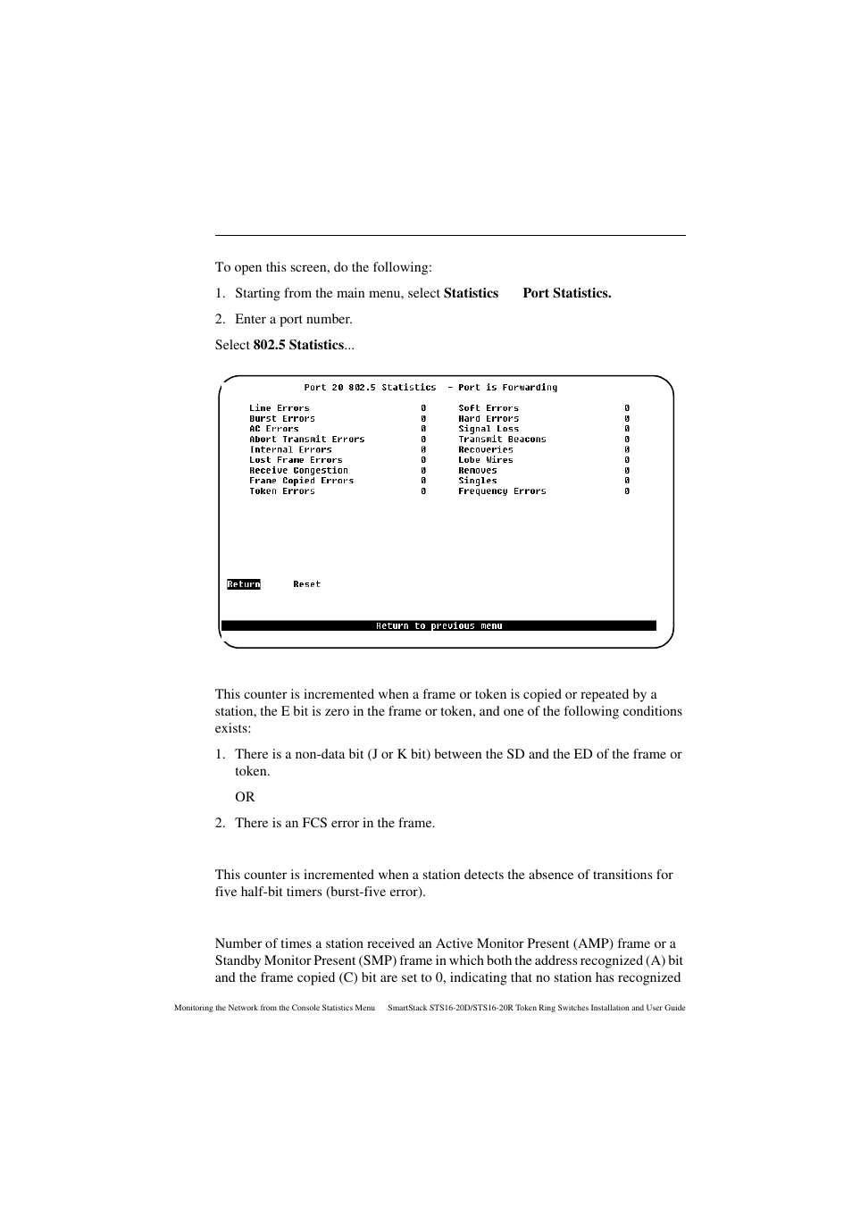 5 statistics screen, Line errors, Burst errors | Ac errors | Cabletron Systems STS16-20R User Manual | Page 181 / 258
