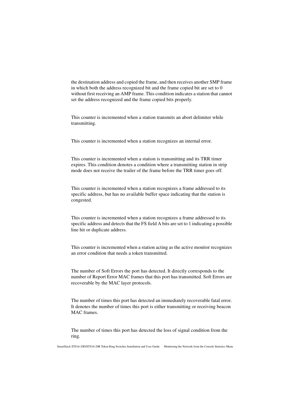 Abort transmit errors, Internal errors, Lost frame errors | Receive congestion, Frame copied errors, Token errors, Soft errors, Hard errors, Signal loss | Cabletron Systems STS16-20R User Manual | Page 182 / 258