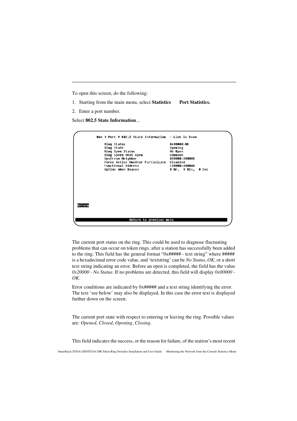 5 state information screen, Ring status, Ring state | Ring open status | Cabletron Systems STS16-20R User Manual | Page 184 / 258