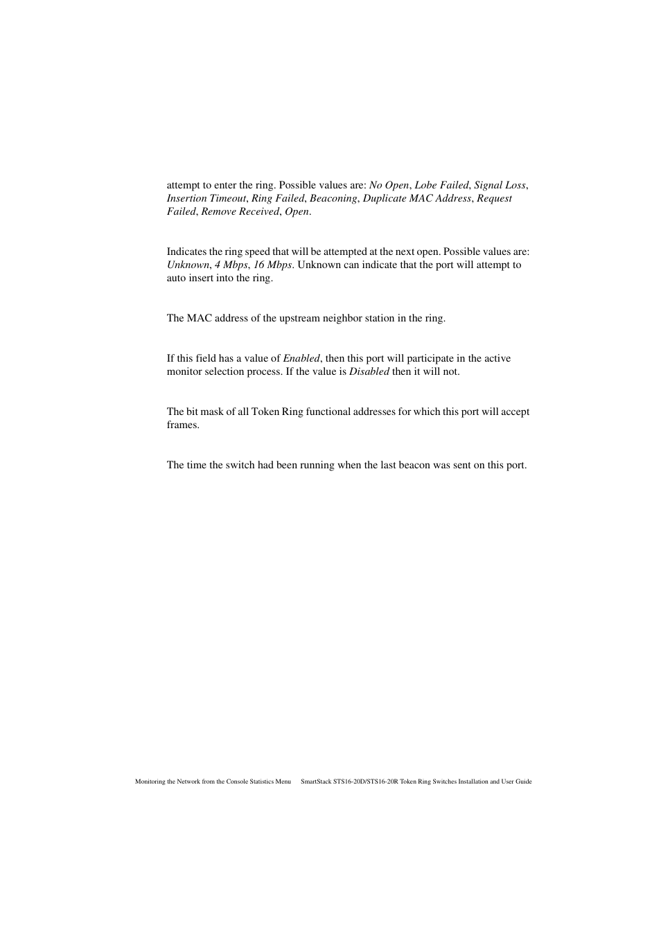 Ring speed next open, Upstream neighbor, Active monitor participate | Functional address, Uptime when beacon | Cabletron Systems STS16-20R User Manual | Page 185 / 258