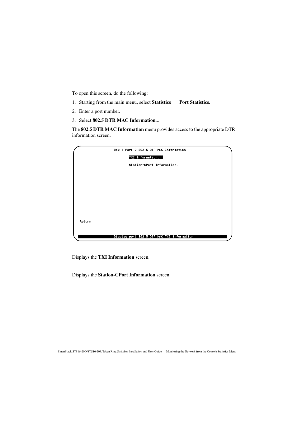 5 dtr mac information menu, Txi information, Station-cport information | Cabletron Systems STS16-20R User Manual | Page 186 / 258