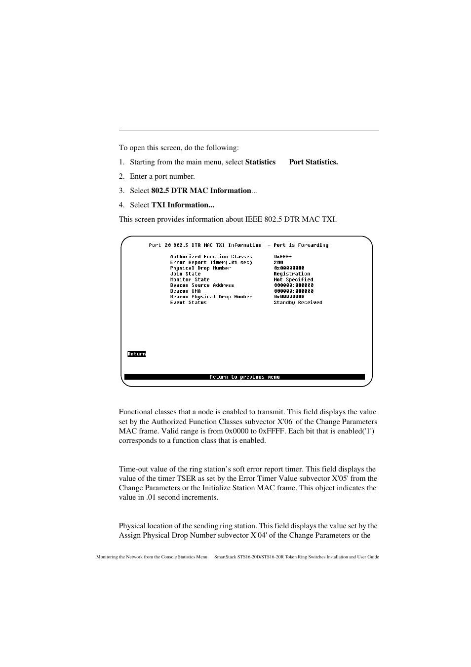 Txi information screen, Authorized function classes, Error report timer | Physical drop number | Cabletron Systems STS16-20R User Manual | Page 187 / 258