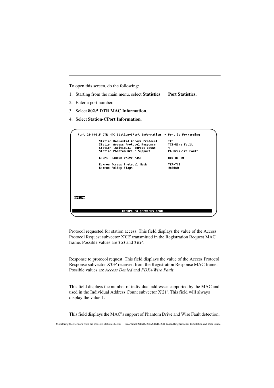 Station-cport information screen, Station requested access protocol, Station access protocol response | Station individual address count, Station phantom drive support | Cabletron Systems STS16-20R User Manual | Page 189 / 258