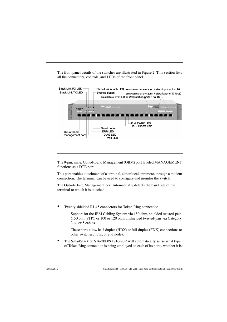 Front panel details, The management port, Token ring ports | The management port token ring ports | Cabletron Systems STS16-20R User Manual | Page 19 / 258