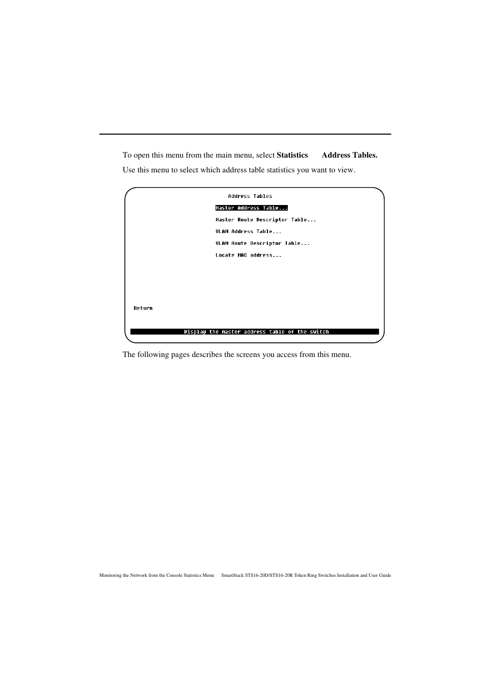 Address tables menu | Cabletron Systems STS16-20R User Manual | Page 191 / 258