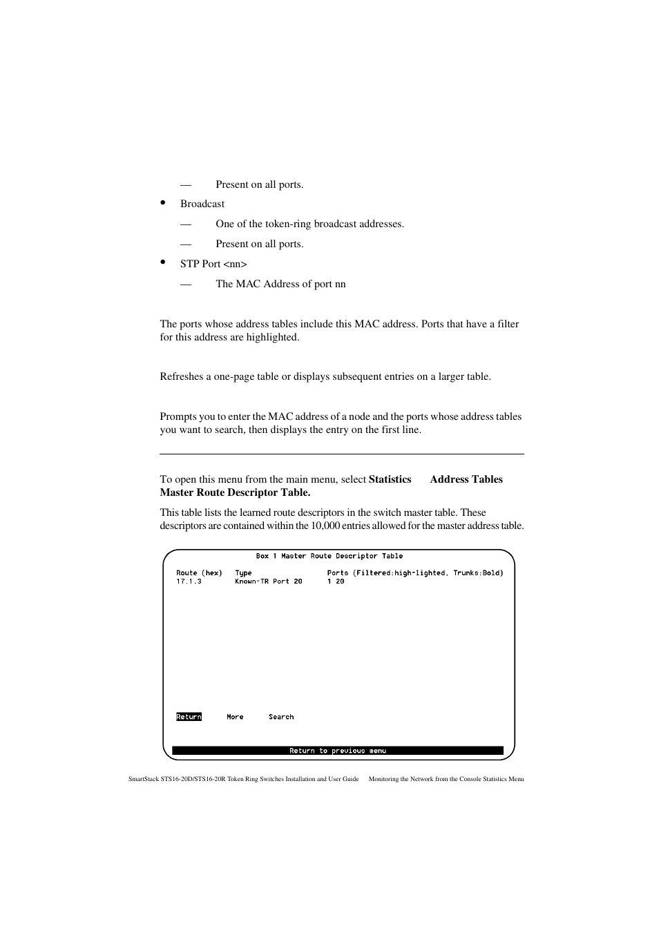 Ports, More, Search | Master route descriptor table screen | Cabletron Systems STS16-20R User Manual | Page 194 / 258