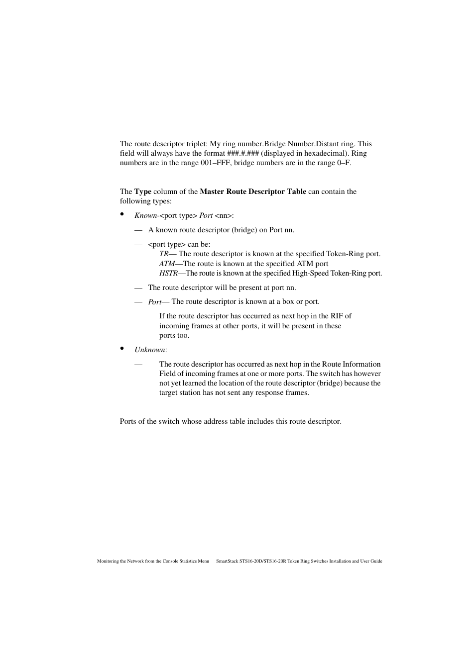 Route (hex), Type, Ports | Cabletron Systems STS16-20R User Manual | Page 195 / 258