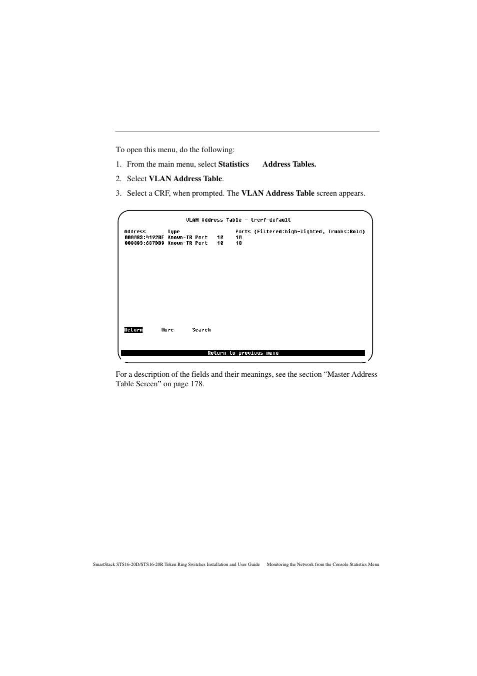 Vlan address table screen | Cabletron Systems STS16-20R User Manual | Page 196 / 258