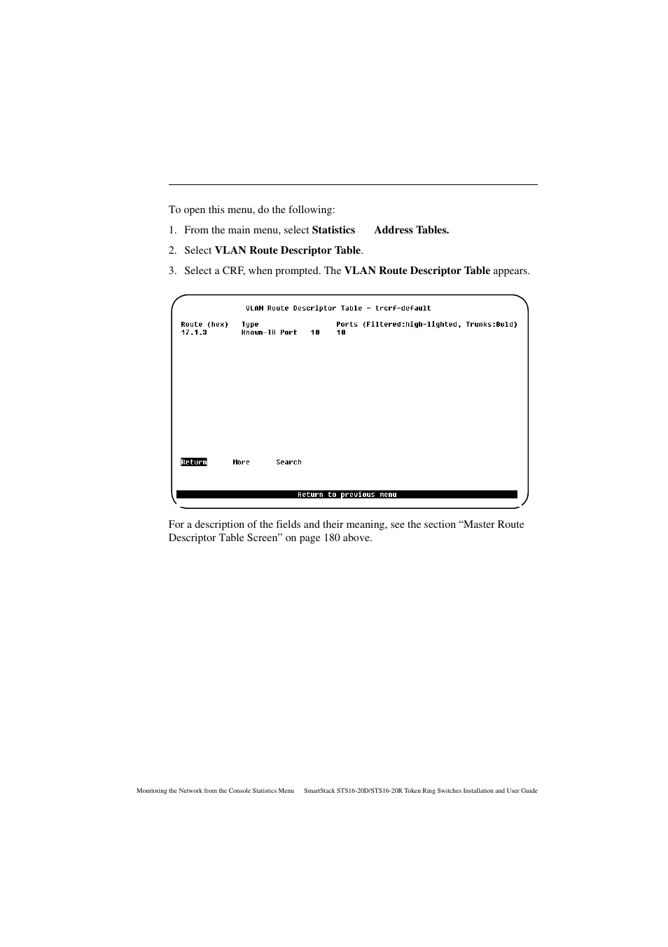 Vlan route descriptor table screen | Cabletron Systems STS16-20R User Manual | Page 197 / 258