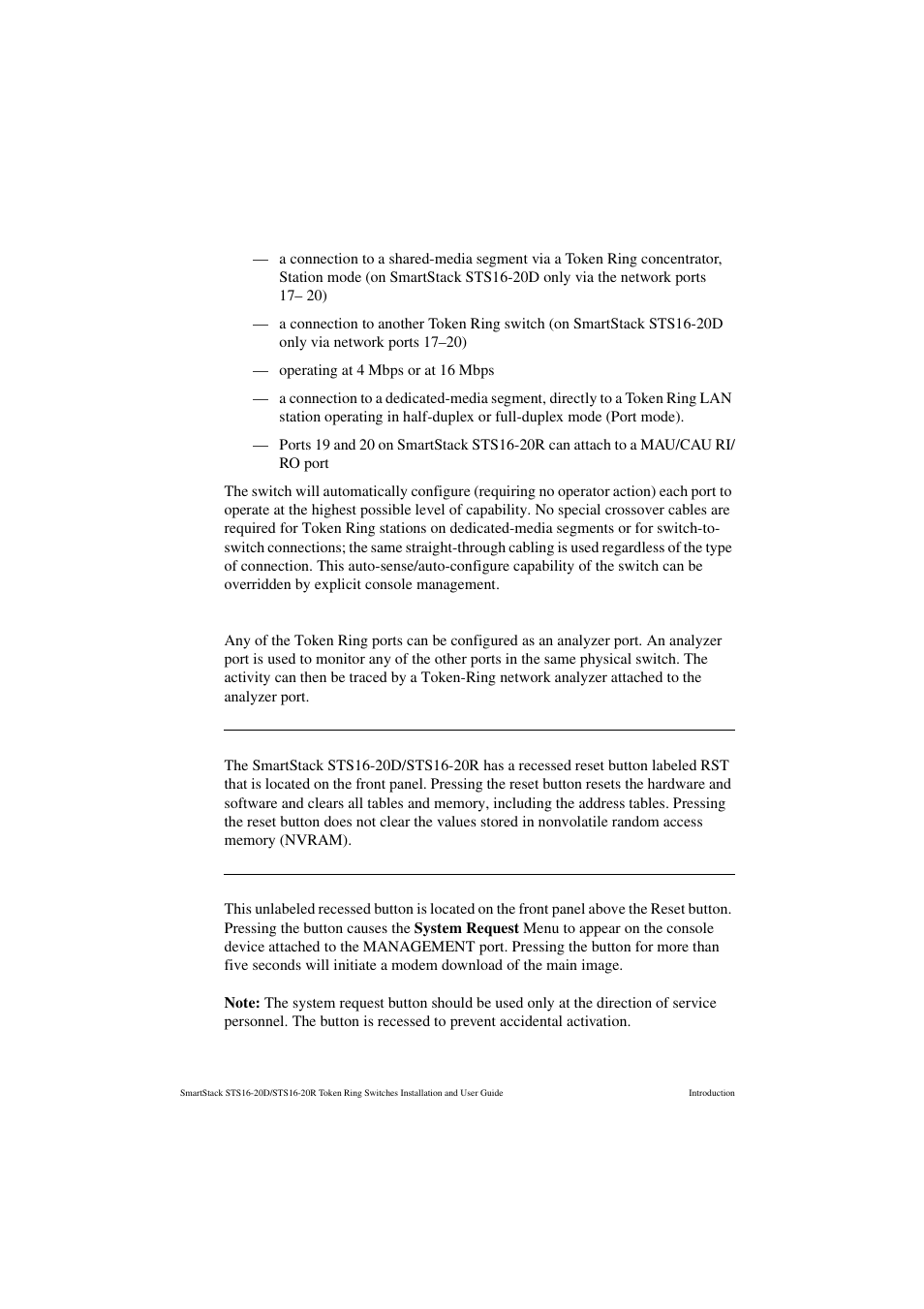 Switched port analyzer, Reset button, System request button | Reset button system request button | Cabletron Systems STS16-20R User Manual | Page 20 / 258