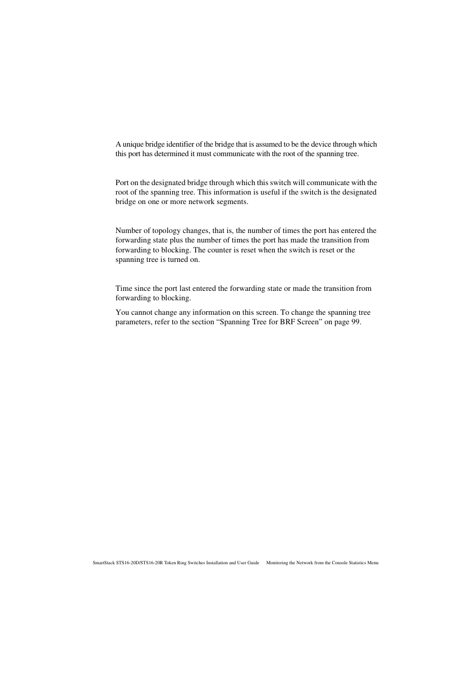 Dsg swid/brid (designated bridge id), Dsg pid (designated port identifier), Chgs | Last chg | Cabletron Systems STS16-20R User Manual | Page 204 / 258