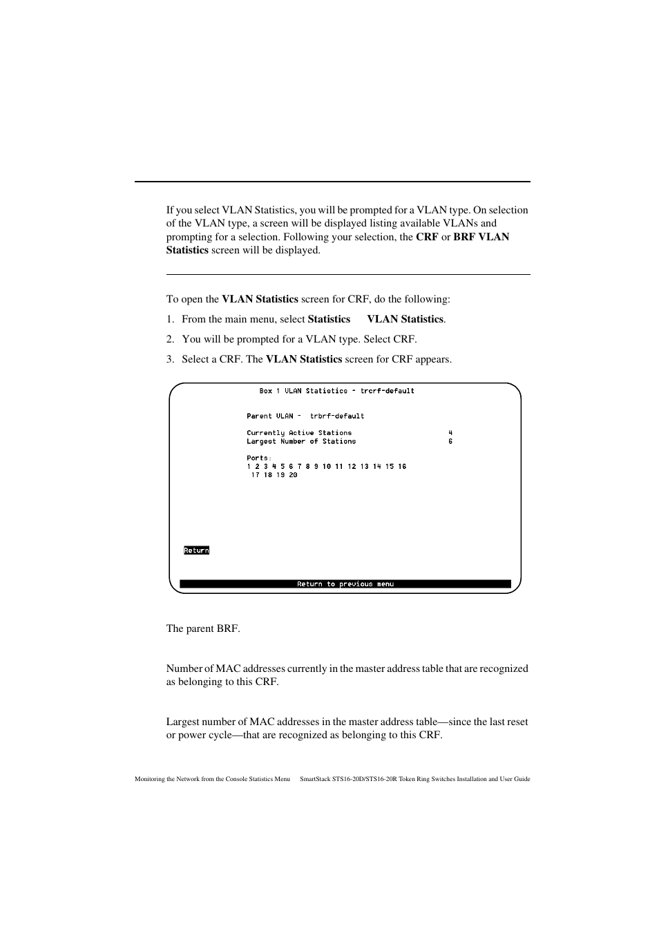 Vlan statistics, Vlan statistics screen for crf, Parent vlan | Currently active stations, Largest number of stations | Cabletron Systems STS16-20R User Manual | Page 205 / 258
