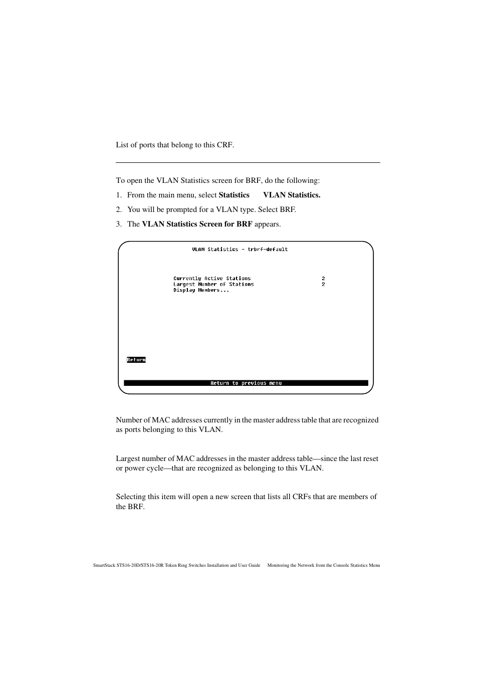 Ports, Vlan statistics for brf screen, Currently active stations | Largest number of stations, Display members | Cabletron Systems STS16-20R User Manual | Page 206 / 258