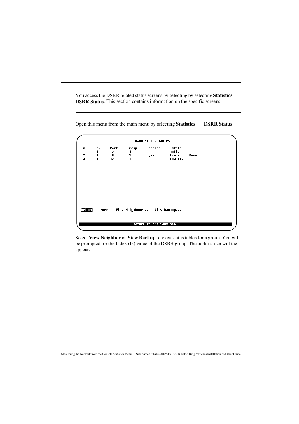 Dsrr status screens, Dsrr status tables screen | Cabletron Systems STS16-20R User Manual | Page 207 / 258