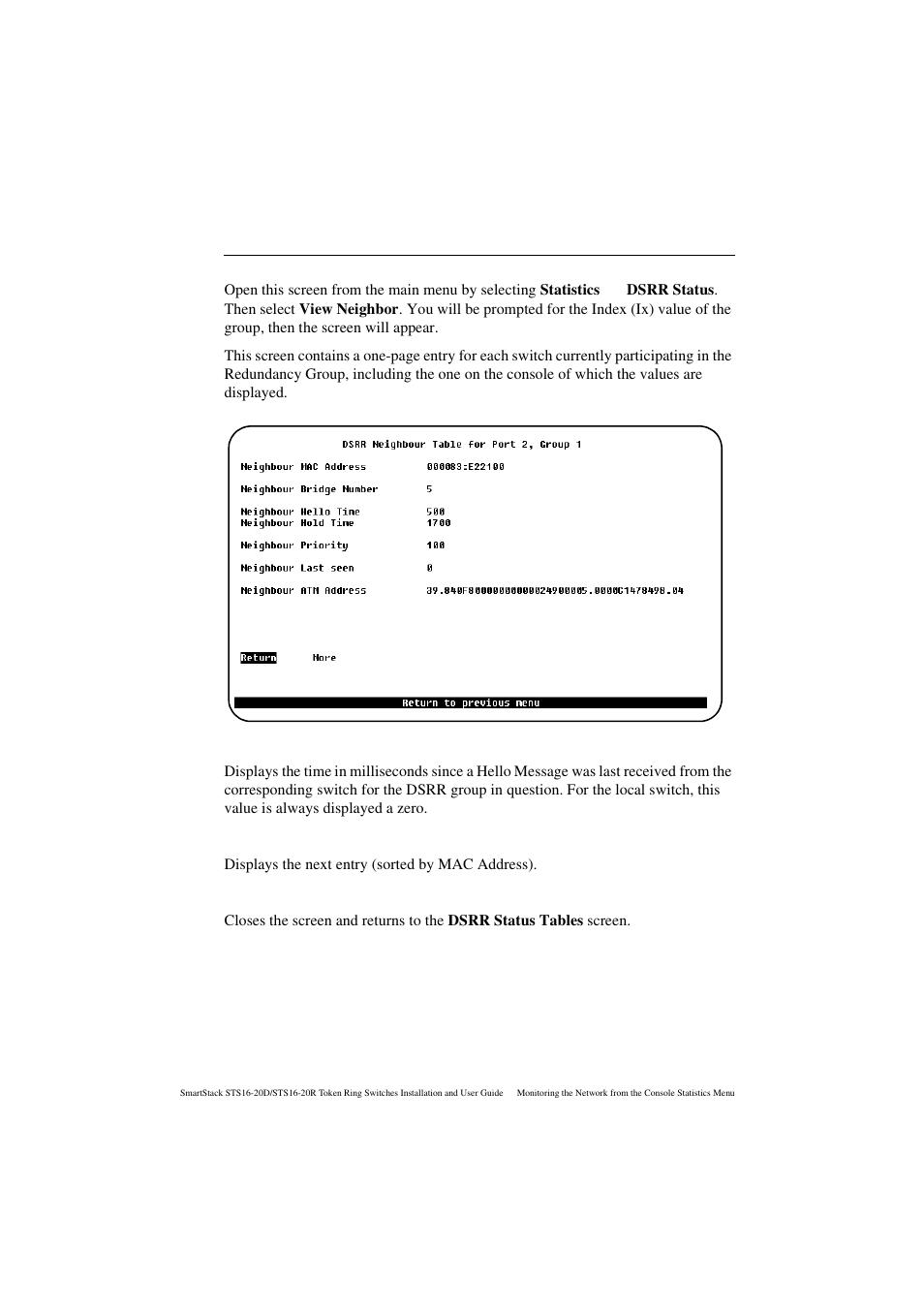 Dsrr neighbor table screen, Neighbor last seen, More | Return | Cabletron Systems STS16-20R User Manual | Page 208 / 258