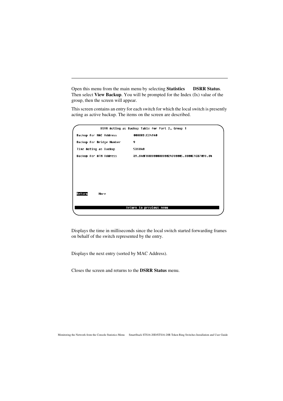 Dsrr acting as backup table screen, Time acting as backup, More | Return | Cabletron Systems STS16-20R User Manual | Page 209 / 258