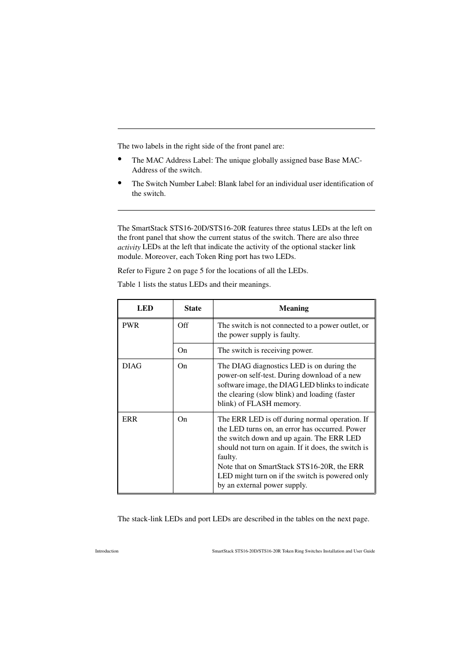 Labels, Status and activity leds, Labels status and activity leds | Table 1, Status leds and their meanings | Cabletron Systems STS16-20R User Manual | Page 21 / 258