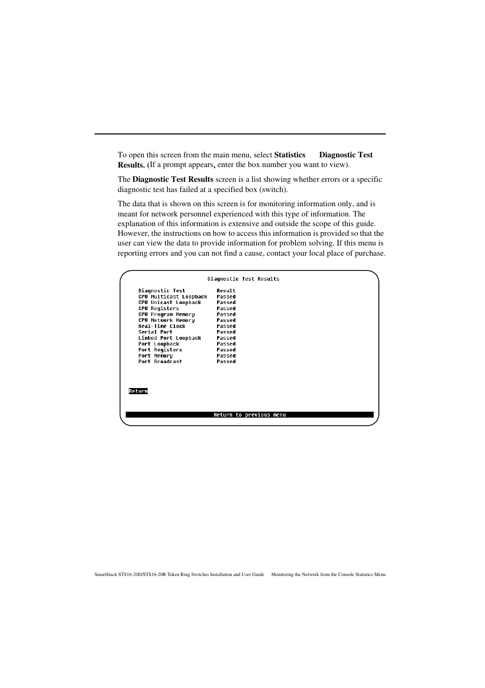Diagnostic test results screen | Cabletron Systems STS16-20R User Manual | Page 210 / 258
