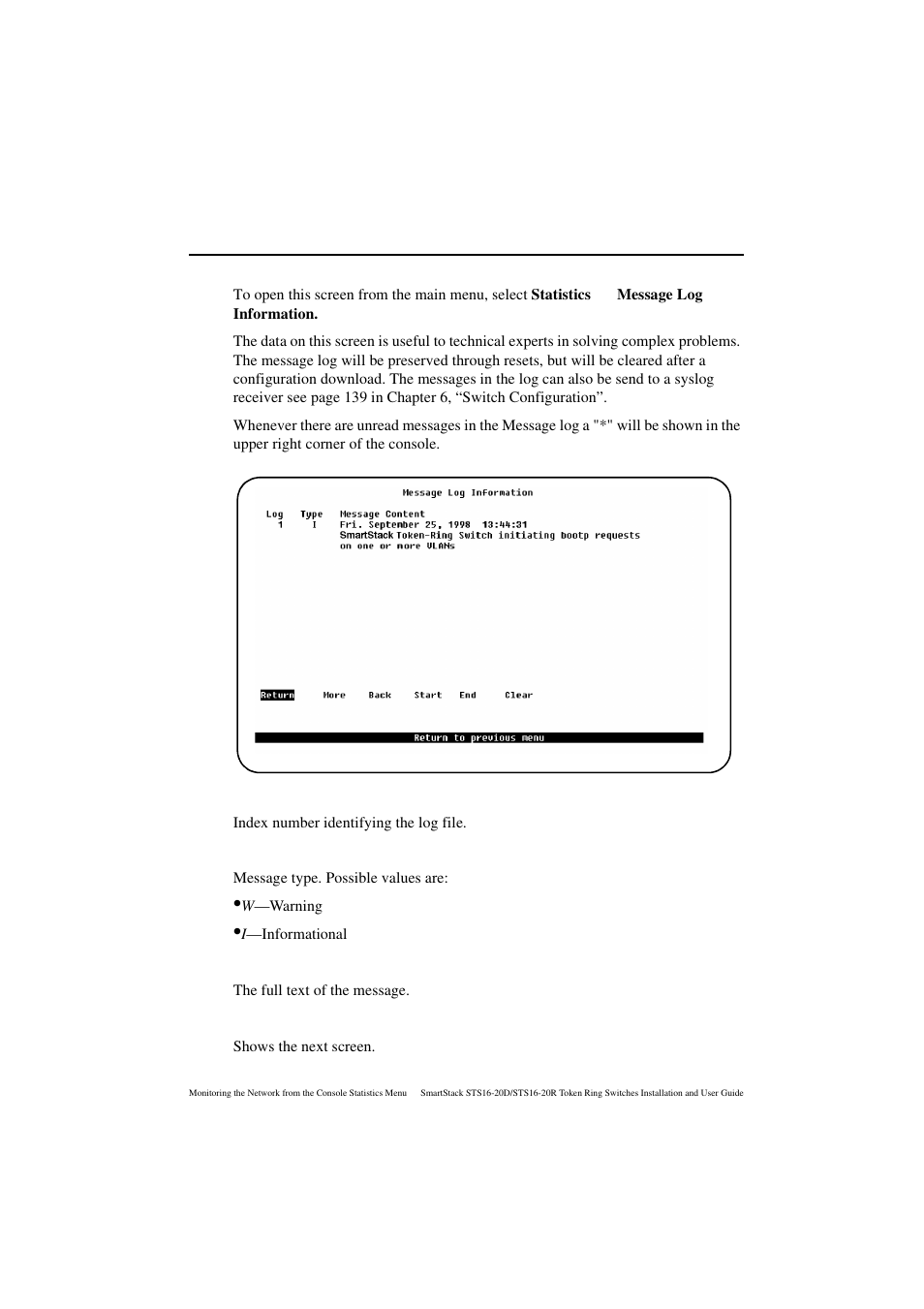 Message log information screen, Type, Message content | More | Cabletron Systems STS16-20R User Manual | Page 211 / 258