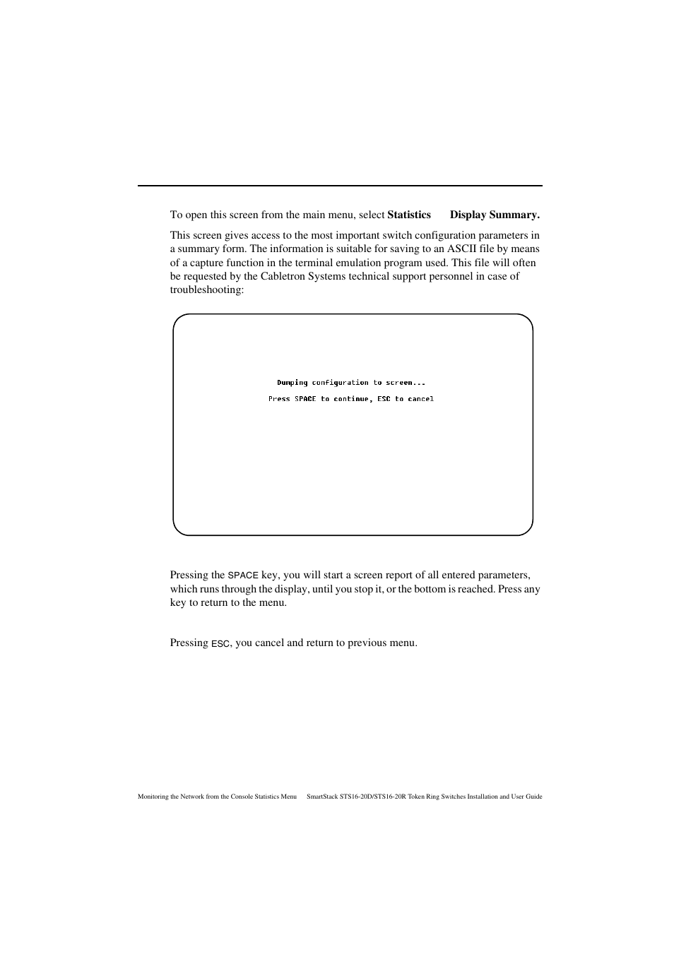 Display summary screen, Space | Cabletron Systems STS16-20R User Manual | Page 213 / 258