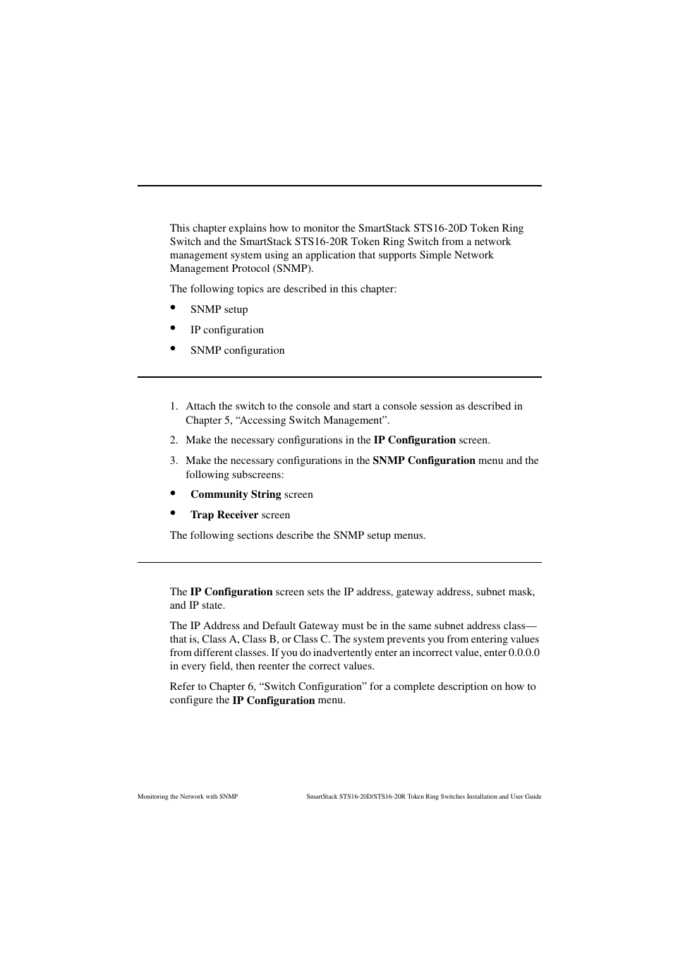 Monitoring the network with snmp, Snmp setup, Ip configuration screen | Snmp setup ip configuration screen, Chapter 8, “monitoring the network with snmp | Cabletron Systems STS16-20R User Manual | Page 215 / 258