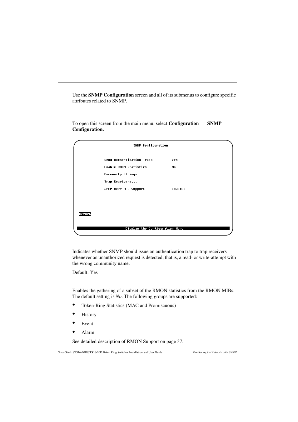 Snmp configuration, Snmp configuration screen, Send authentication traps | Enable rmon statistics | Cabletron Systems STS16-20R User Manual | Page 216 / 258