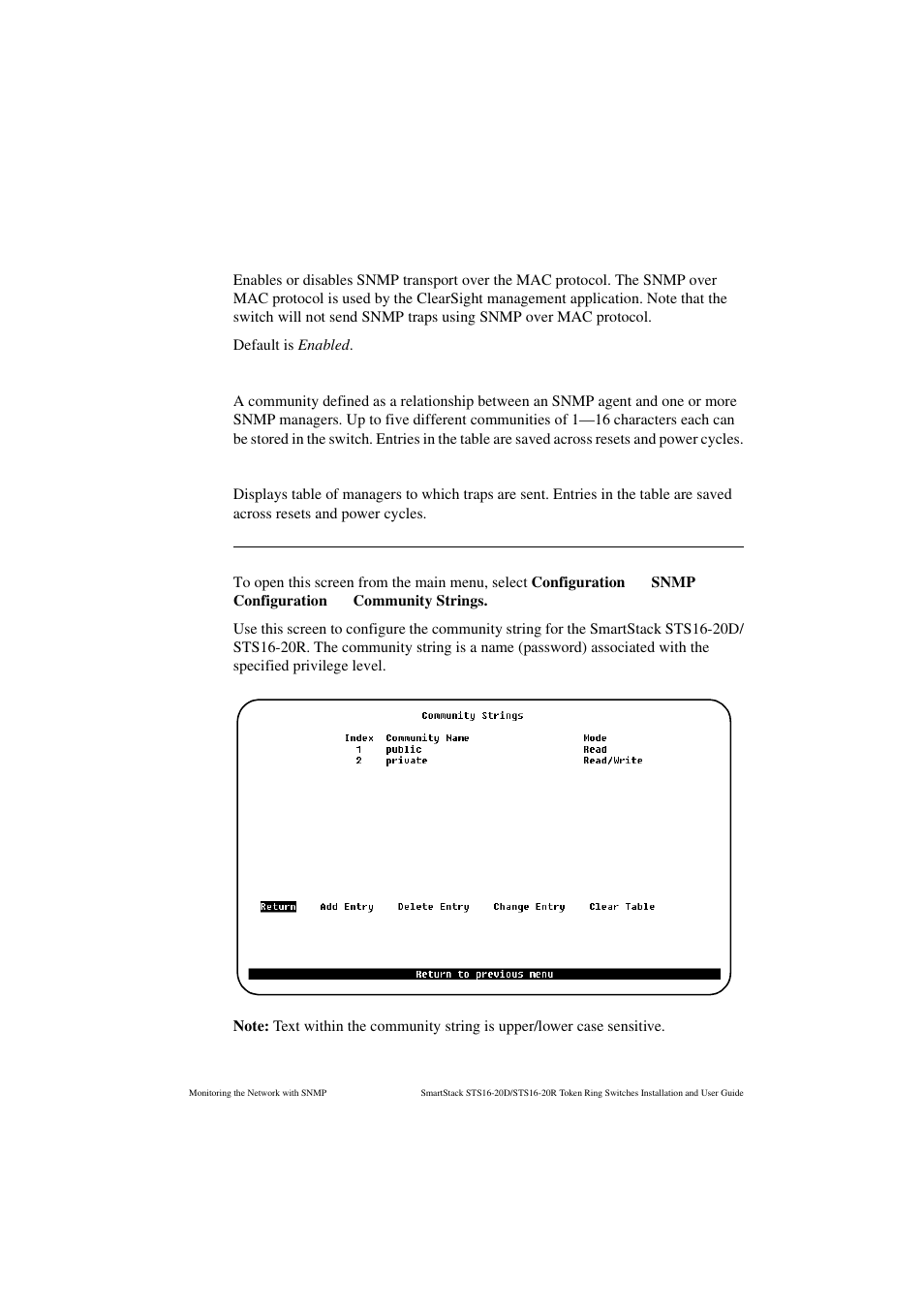 Snmp over mac, Community strings, Trap receivers | Community strings screen | Cabletron Systems STS16-20R User Manual | Page 217 / 258