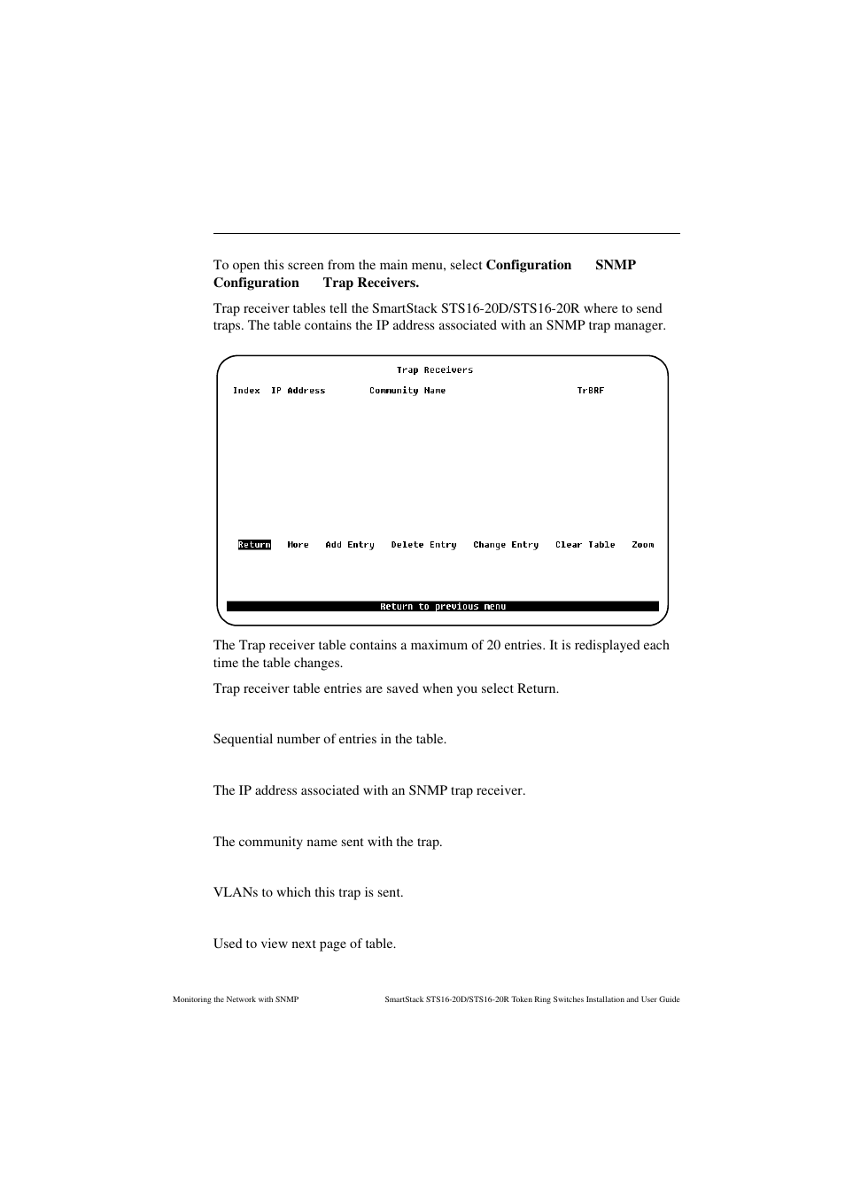 Trap receivers screen, Index, Ip address | Community name, More | Cabletron Systems STS16-20R User Manual | Page 219 / 258