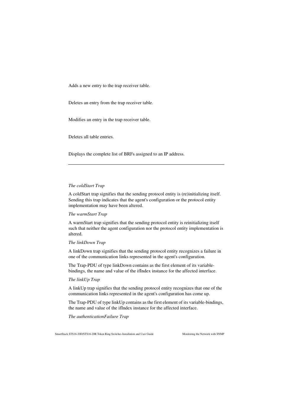 Add entry, Delete entry, Change entry | Clear table, Zoom, List of supported traps from a sts16-20d/sts16-20r, General traps | Cabletron Systems STS16-20R User Manual | Page 220 / 258