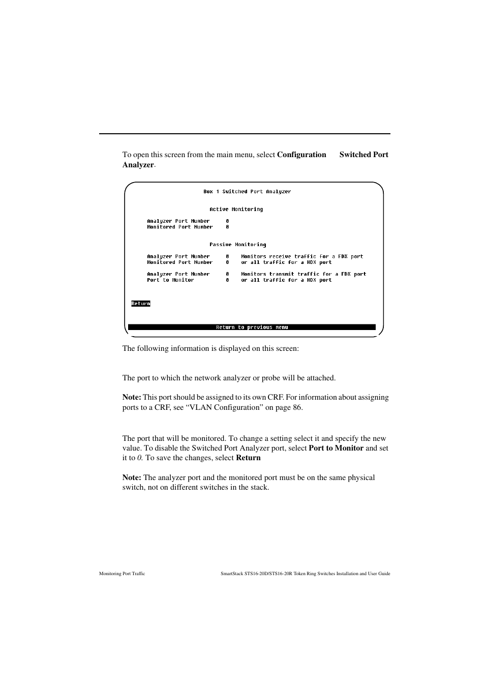 Switched port analyzer screen, Analyzer port number, Monitored port number | Cabletron Systems STS16-20R User Manual | Page 227 / 258