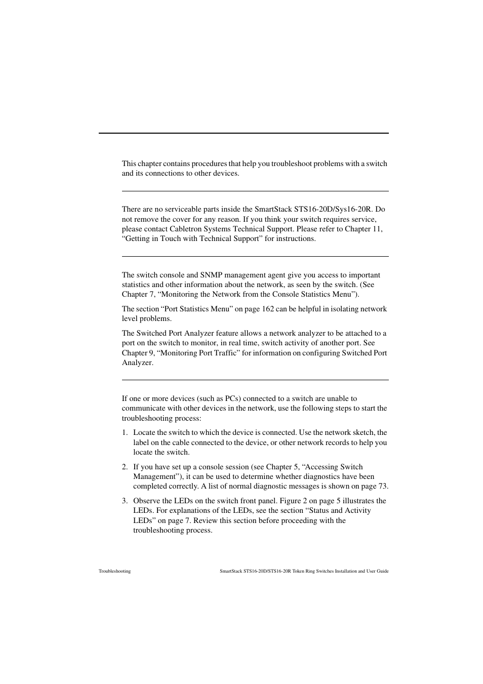 Troubleshooting, Obtaining service, Troubleshooting in a network | Start of troubleshooting process | Cabletron Systems STS16-20R User Manual | Page 229 / 258