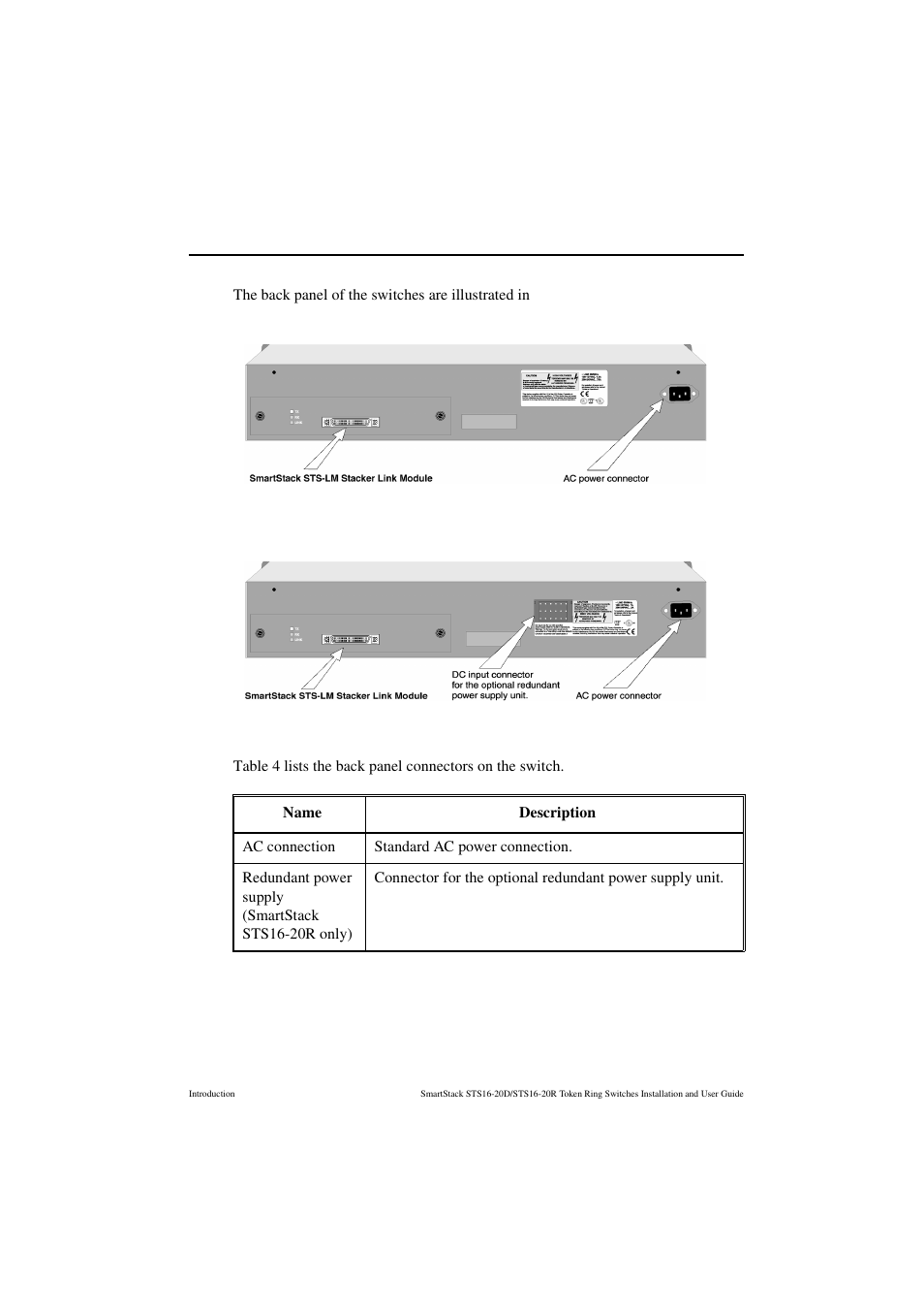 Back panel details, Table 4, Back panel connectors | Cabletron Systems STS16-20R User Manual | Page 23 / 258