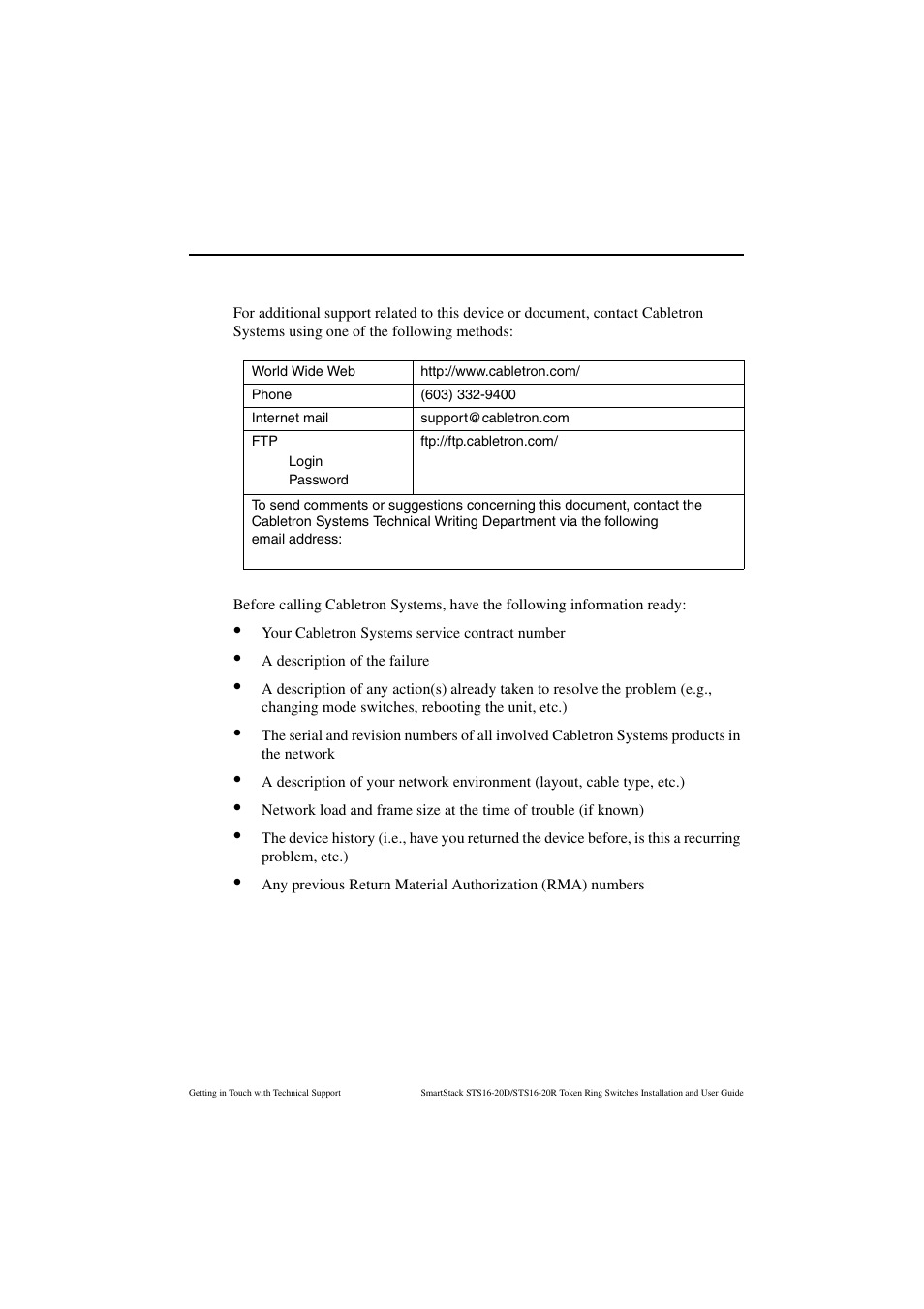 Getting in touch with technical support | Cabletron Systems STS16-20R User Manual | Page 235 / 258