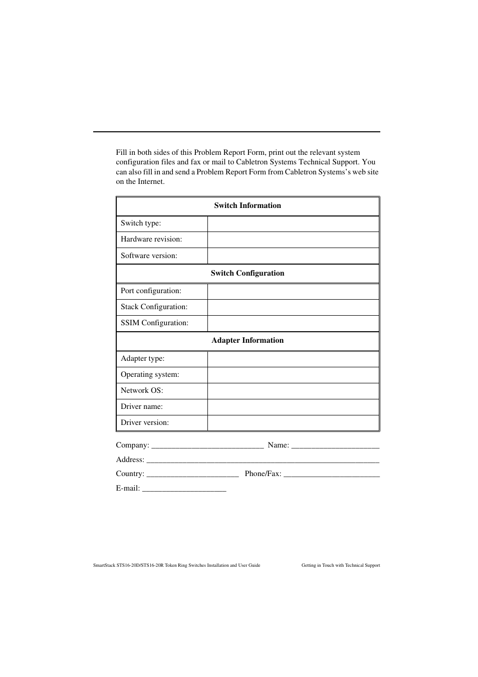 Problem report form | Cabletron Systems STS16-20R User Manual | Page 236 / 258