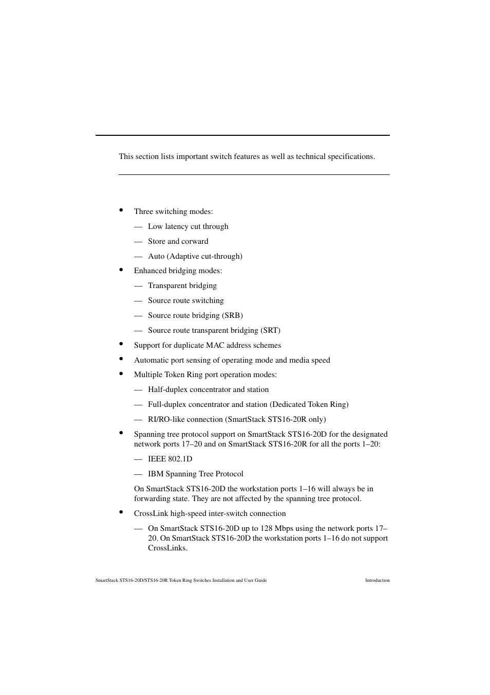 Features and specifications, Features, Performance and advanced features | Cabletron Systems STS16-20R User Manual | Page 24 / 258