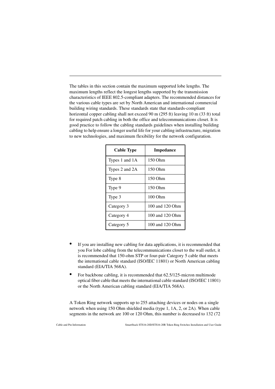 Cabling recommendations, Number of attaching devices, Table 18. copper cable types | Cabletron Systems STS16-20R User Manual | Page 247 / 258