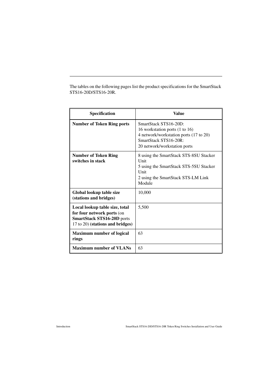 Specifications, Capacity, Table 5 | Capacity specifications | Cabletron Systems STS16-20R User Manual | Page 27 / 258