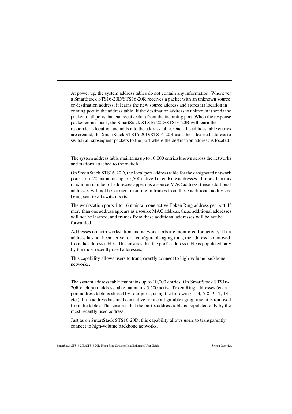 Address management, Smartstack sts16-20d token ring switch, Smartstack sts16-20r token ring switch | Cabletron Systems STS16-20R User Manual | Page 34 / 258
