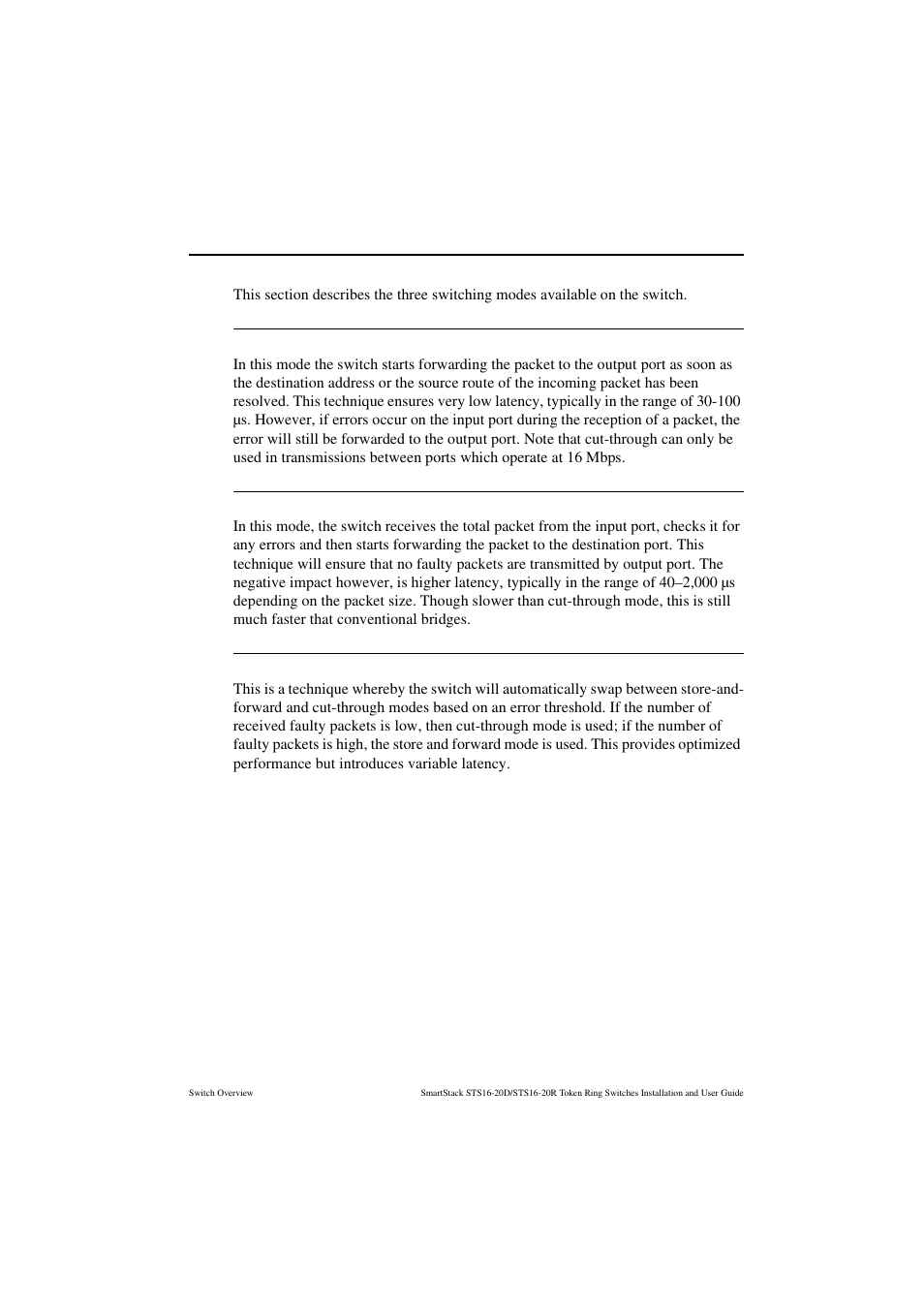 Three switching modes, Cut-through, Store and forward | Auto (adaptive cut-through) | Cabletron Systems STS16-20R User Manual | Page 39 / 258
